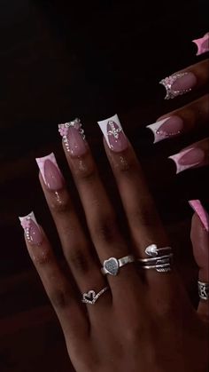 Light Pink And Silver Nails Prom, Leo Nails Acrylic Design, Square Nails Design Ideas, Pink And White Nails, Leo Nails, Leo Birthday Nails, Hard Nails, Acrylic Toe Nails, Girly Acrylic Nails