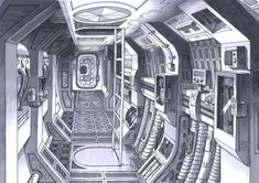 a drawing of a space station with lots of computers and other equipment in it's walls