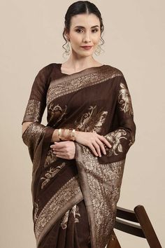 Product Features: Saree Color: Brown Blouse Color: Brown Saree Fabric: Linen Blouse Fabric: Linen Work: Floral Style: Banarasi Saree Length: 5.5 Blouse Length: 0.8 Occasion: Festive Disclaimer: There will be slight difference in digital to actual image Brown Banarasi Saree, Simple Anarkali, Brown Saree, Saree Pattern, One Minute Saree, Blouse Designs Catalogue, Saree Floral, Floral Saree, Design Saree