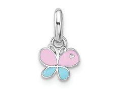 Rhodium over sterling silver children's pink and blue color enameled small butterfly pendant with polished finish. Measures approximately 1/2"L x 1/4"W. Cute Silver Jewelry With Butterfly Charm, Pink Butterfly Charm Pendant Jewelry, Personalized Pink Sterling Silver Charms, Sterling Silver Jewelry With Pink Butterfly Charm, Pink Sterling Silver Jewelry With Butterfly Charm, Nickel Free Pink Sterling Silver Charms, Pink Sterling Silver Butterfly Jewelry, Nickel-free Pink Sterling Silver Charms, Pink Sterling Silver Charms