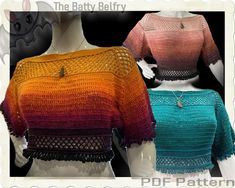 two knitted sweaters on mannequin heads, one in multicolored yarn