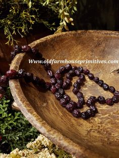 a wooden bowl filled with cranberries on top of a table next to plants