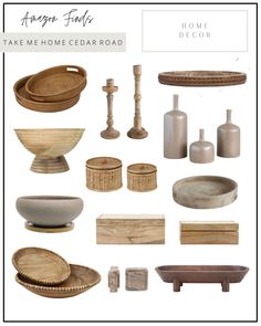 an assortment of wooden items including bowls, plates and vases