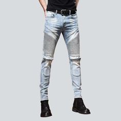 Step up your fashion game with our 2023 Spring-Summer Collection of men's biker jeans! These bleached skinny jeans feature a mid-waist. zipper & button closure. and stretchy fabric that ensures ultimate comfort & style. With a modern fashion statement that captures the season's trends and an embellished pattern to add an air of sophistication. these jeans are the perfect balance of fashion and function.Distinctive Features: Biker Style: Get the perfect biker look with these jeans. featuring a zi Light Wash Zip Fly Jeans For Streetwear, Light Wash Jeans With Zipper For Streetwear, Fitted Jeans For Streetwear With Zipper, Fitted Jeans With Zipper Closure For Streetwear, Slim Fit Denim Jeans With Zipper Closure, Slim Fit Jeans With Zip Fly For Spring, Spring Slim Fit Jeans With Zip Fly, Slim Fit Jeans With Zip Fly For Streetwear, Slim Fit Zip Fly Jeans For Streetwear