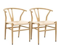 two wooden chairs sitting side by side on a white background