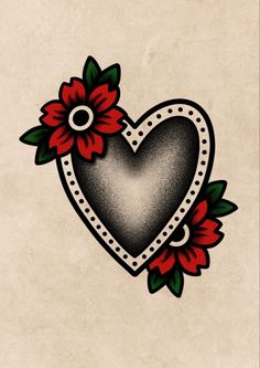 a heart with flowers on it is shown in black and white, as well as red roses