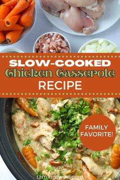 slow cooked chicken casserole recipe with carrots and parsley in the background