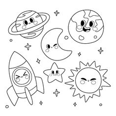 the planets and stars with faces drawn by hand