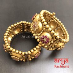 2.6 2.8 size Golden Gokhru Bangles Rajwadi Kadas Pair of 2 Bracelets Fusion Style Openable Bracelets For Festivals, Heavy Fusion Style Bracelets For Festivals, Traditional Openable Jewelry For Rituals, Festive Fusion Style Openable Bracelets, Fusion Style Bracelets For Rituals And Festivals, Traditional Hand Set Bracelets For Diwali, Temple Jewelry Style Hand Set Gold Bracelet For Festive, Hand Set Gold Bracelet Temple Jewelry For Festive Occasions, Festive Hand-set Gold Bracelet In Temple Jewelry Style