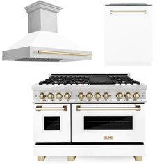 ZLINE Autograph Edition 48 in. Kitchen Package with Stainless Steel Dual Fuel Range with White Matte Door, Range Hood and Dishwasher with Polished Gold Accents (3AKP-RAWMRHDWM48-G) 48 Inch Range, 48" Range, Zline Autograph Edition, Zline Kitchen, Outdoor Island, Kitchen Appliances Refrigerators, Kitchen Appliance Packages, Outdoor Appliances, Dual Fuel Ranges