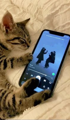 a cat laying on top of a bed next to an open cell phone with the screen turned off