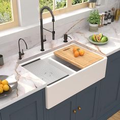 a kitchen sink with a cutting board on the counter