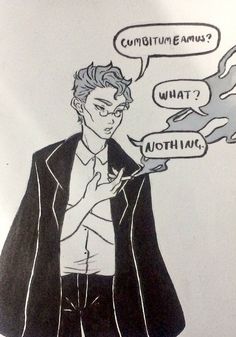 a drawing of a man holding a cell phone in his hand with two speech bubbles above him