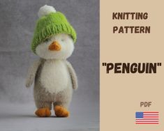 a stuffed penguin wearing a green knitted hat with the words knitting pattern penguin on it