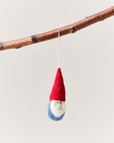 an ornament hanging from a tree branch with a red, white and blue hat on it