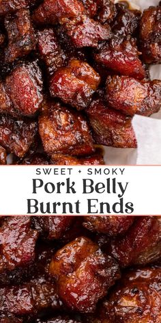 sweet and smoky pork belly burnt ends with text overlay that reads sweet and smoky pork belly burnt ends