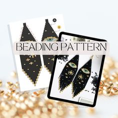 the beading pattern features black and gold beads with green eyes on them, along with a card that says beading pattern