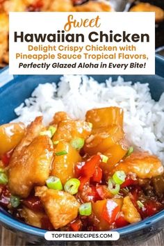 hawaiian chicken with pineapple sauce and tropical flavors served over rice in a blue bowl