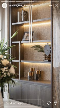 an image of a room that is decorated with gold and silver accents, including bookshelves