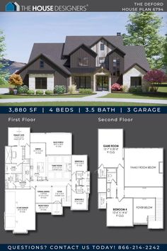 two story house plan with 3 bedroom and 2 bathroom in the front, three car garage on