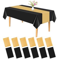 an image of a table with black and gold cloths on it, surrounded by squares