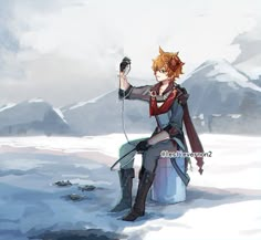 an anime character is sitting in the snow holding a cell phone and looking at something