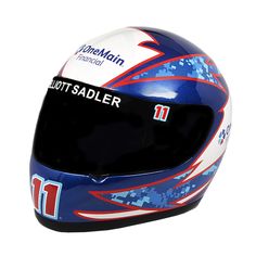 a blue helmet with red, white and blue designs on it