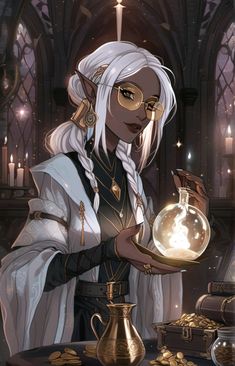 an image of a woman holding a crystal ball in front of a table full of gold coins