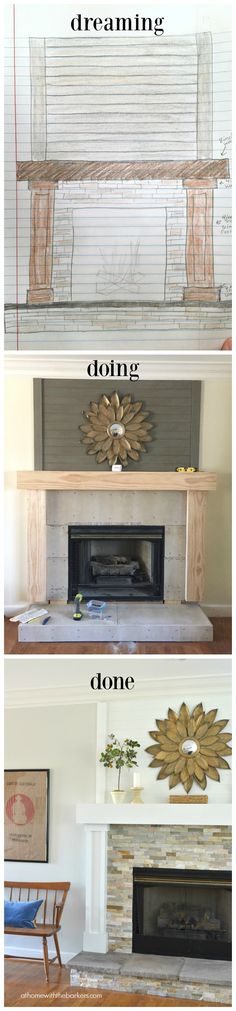 three different fireplaces with the words painted on them