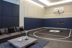 a living room filled with furniture and a basketball court