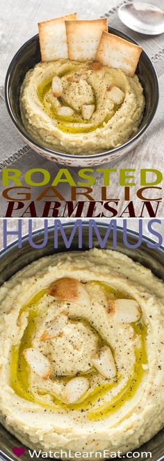 hummus with garlic and parmesan bread in a bowl on a table top