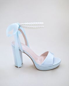 Light Blue Satin Platform Block Heel Wedding Sandals With Double Pearls Ankle Strap Women Wedding Shoes, Bridal High Heel, Wedding Heels - Etsy Pearl Embellished High Heels For Bridal Shower, Pearl Embellished Heels For Bridal Shower, Satin Sandals With Padded Heel For Wedding, Bridal Shower Pearl Embellished Ankle Strap Sandals, Satin Heels With Round Toe For Bridesmaids, Satin Round Toe Heels For Bridesmaids, Blue Platform Heels, Women Wedding Shoes, Royalty Fashion