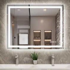 a bathroom sink with a lighted mirror above it and a plant in front of it