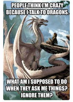 two white dragon sitting next to each other on top of a mountain with the caption people think i'm crazy because i talk to dragons what am supposed to do when they ask me