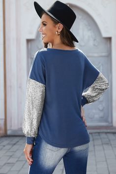 Sequin Splicing Blue V Neck Bishop Sleeves Top Blue Spliced Tops For Fall, Blue Tops With Splicing For Fall, Fall Blue Spliced Tops, Bubble Sleeve Top, Tops Long Sleeve, Black Long Sleeve Top, Bishop Sleeve, Sleeves Top, Blue V