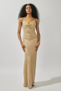 Beige draped gown embellished with shimmer sequin work. - Aza Fashions Cowl Neck Gown, Beige Drapes, Draped Gown, Design Composition, Drape Gowns, Gown For Women, Gown Pattern, Sequin Maxi Dress, Sequin Maxi