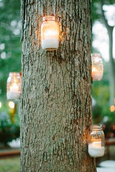 mason jars are hanging from a tree with candles in the jar holders on each side