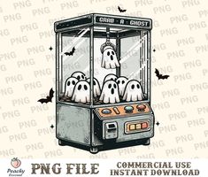 an old fashioned machine with ghost heads in it and bats flying around the machine, as if