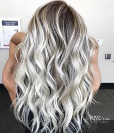 the back of a woman's head with long, wavy blonde hair and gray to white highlights