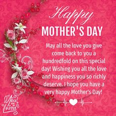 happy mother's day card with flowers and hearts on pink background for her daughter