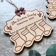 personalized wooden christmas ornament with stockings