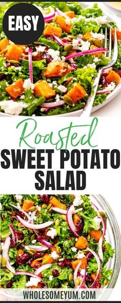 roasted sweet potato salad in a glass bowl