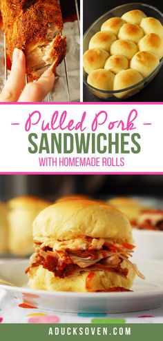 pulled pork sandwiches with homemade rolls in the background and text overlay that reads pulled pork sandwiches with homemade rolls