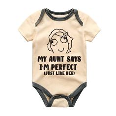 Celebrate the special bond between aunt and baby with this adorable 'My Aunt Says I'm Perfect' custom baby bodysuit! Perfect for nieces or nephews, this funny and cute outfit is ideal for pregnancy announcements, birth reveals, or baby showers. Made from soft, high-quality fabric, this unisex bodysuit is comfortable and stylish, featuring a playful saying that’s sure to bring a smile to Auntie's face. Whether it's a gift for a new baby or a fun way to announce 'coming soon,' this bodysuit is a must-have for every family. Available in multiple sizes and perfect for any occasion, it's a delightful way to celebrate the love and humor shared between an aunt and her little one! This baby bodysuit is machine washable, making it easy to care for. The romper is super soft and easy to wear and take Aunt Quotes Funny, Birthday Baby Announcement, Aunt Baby Clothes, Birth Reveal, Aunt Quotes, Baby Shower Shirts, Cute Pregnancy Announcement, Aunt Sayings, Newborn Announcement