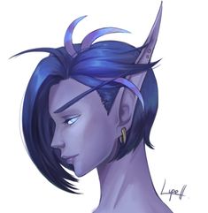 a drawing of a man with blue hair and horns on his head, looking to the side