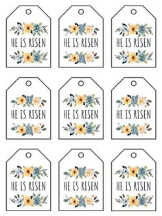 he is risen tags with watercolor flowers and leaves on them, set of 8