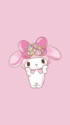 a pink wallpaper with an image of a bunny wearing a hat and flowers on it