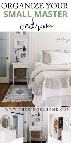 an organized bedroom with white furniture and accessories