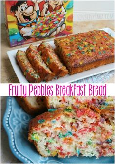 fruity pebbles breakfast bread on a blue plate next to a box of cereal