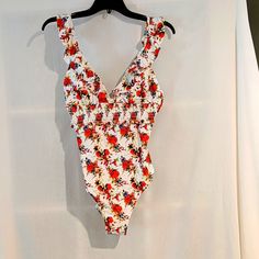 Nwt Cupshe Women's Floral Swimsuit In L. Adjustable Straps, Ruffled Front, Comes Without Hygiene Liner. White V-neck One Piece For Summer, Red Floral Print Sleeveless Swimwear, Red One-piece Swimwear With Floral Print, Red Floral One-piece Swimwear, White V-neck Swimwear With Floral Print, Red Floral Print One-piece Swimwear, White Floral Print V-neck Swimwear, White V-neck Printed Swimwear, White Fitted V-neck One Piece